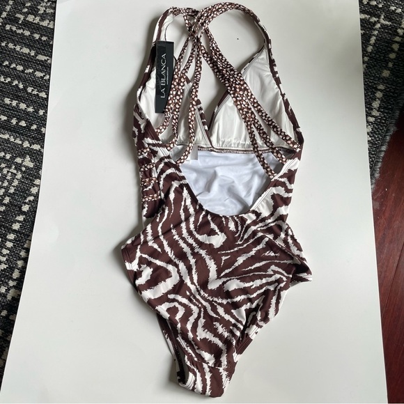 La Blanca Fierce Lines Multi-Strap Cross-Back One Piece 4 Brown and White NWT - Picture 6 of 8